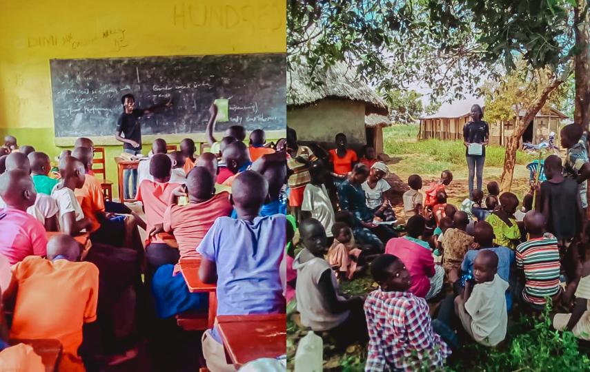 Christine Onzia Wani was forced to leave South Sudan in 2016 due to conflict. She is pictured here at her refugee settlement leading workshops on the prevention of sexual exploitation and menstrual health.